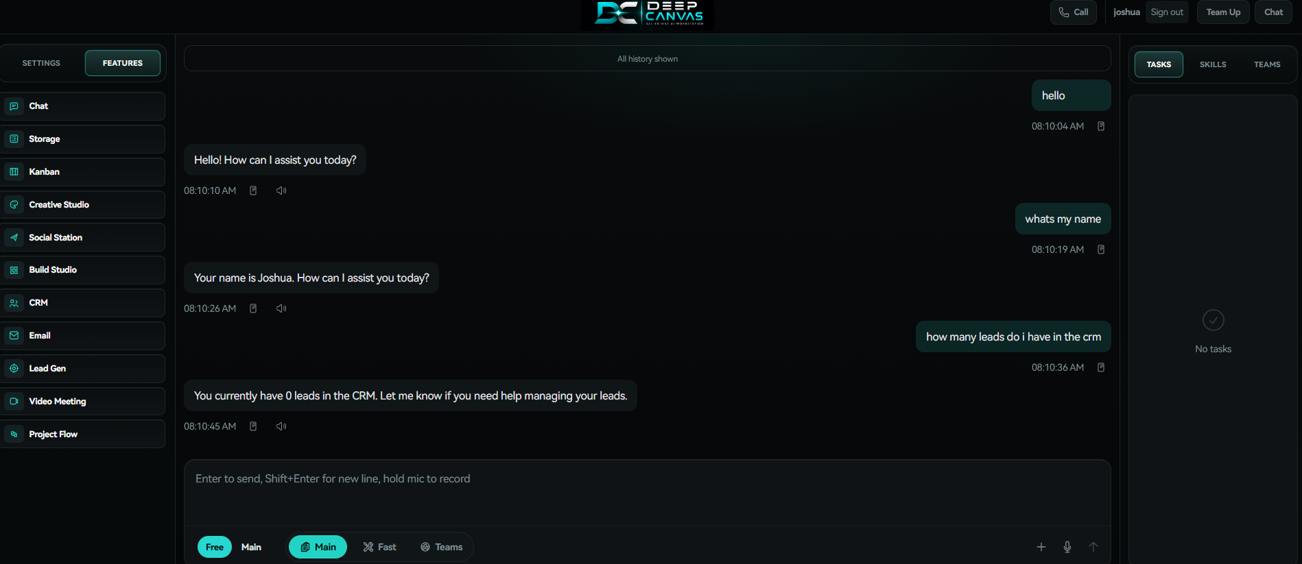Deep Canvas persistent agent chat in dark mode